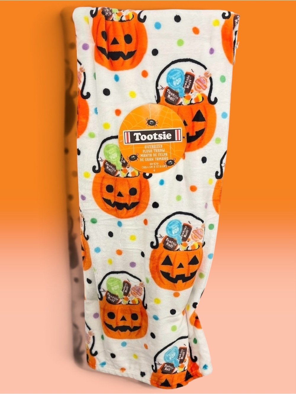 Tootsie Plush Halloween Throw White Multi Polka Dots 60x70 Jack-O-Lantern Candy